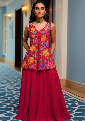 Pink Embroidered Crepe Kurta Set