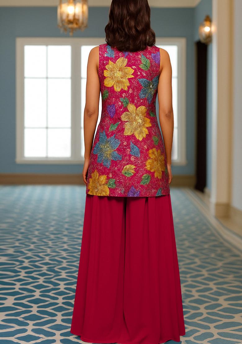 Pink Embroidered Crepe Kurta Set - Indya