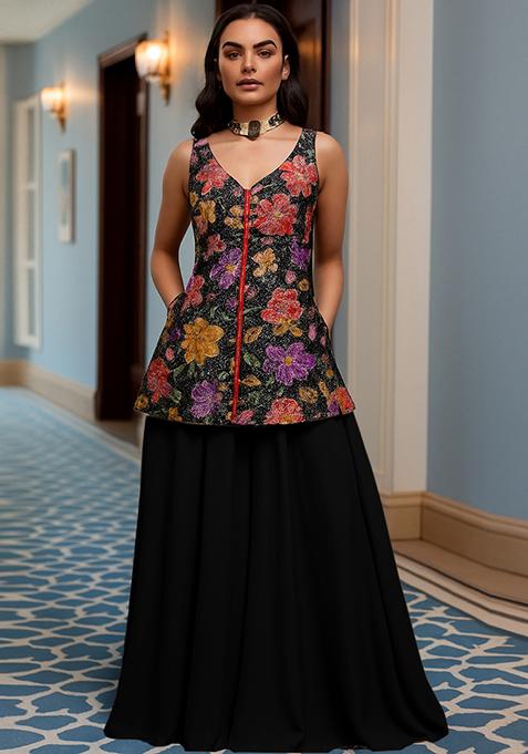 Black Embroidered Crepe Kurta Set