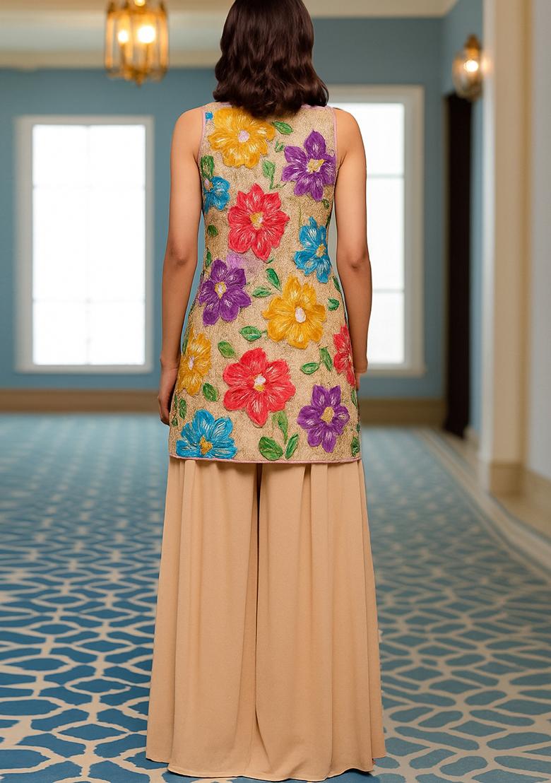 Beige Embroidered Crepe Kurta Set - Indya