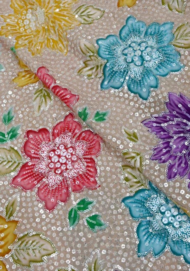 Beige Embroidered Crepe Kurta Set - Indya