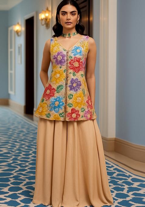 Beige Embroidered Crepe Kurta Set