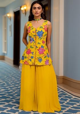 Yellow Embroidered Crepe Kurta Set