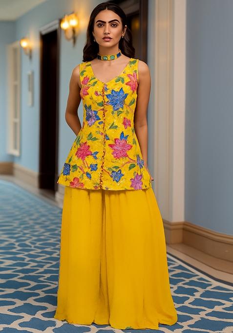 Yellow Embroidered Crepe Kurta Set