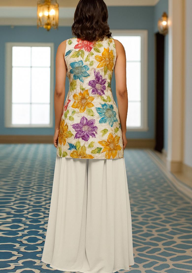 White Embroidered Crepe Kurta Set - Indya