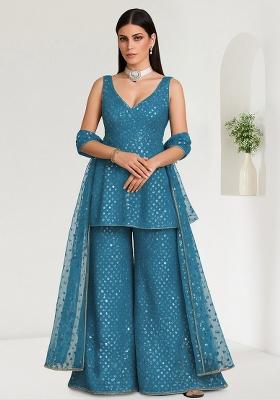 Teal Embroidered Georgette Kurta Set