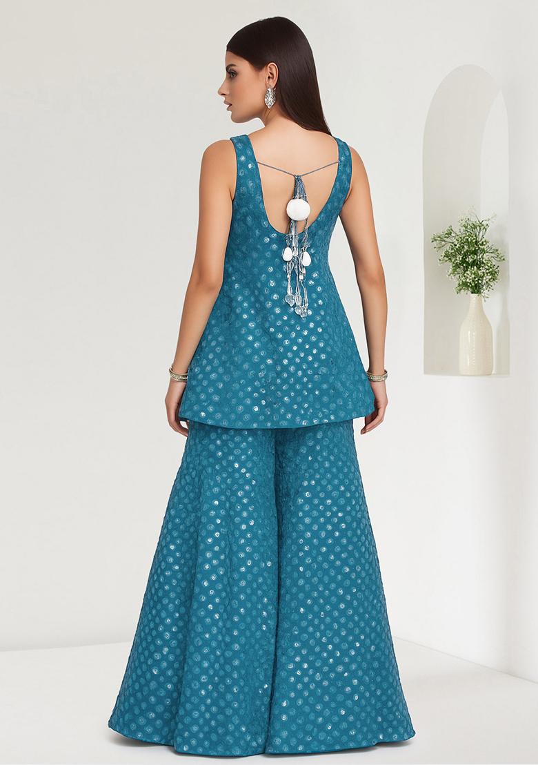 Teal Embroidered Georgette Kurta Set - Indya