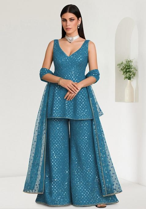 Teal Embroidered Georgette Kurta Set