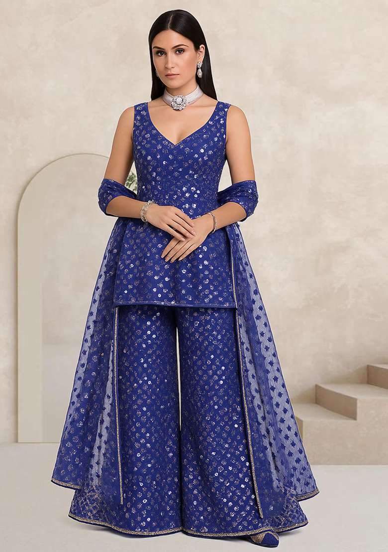 Blue Purple Sequin Work Georgette Sharara Set - Indya