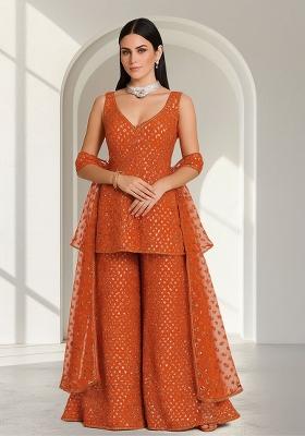 Orange Embroidered Georgette Kurta Set