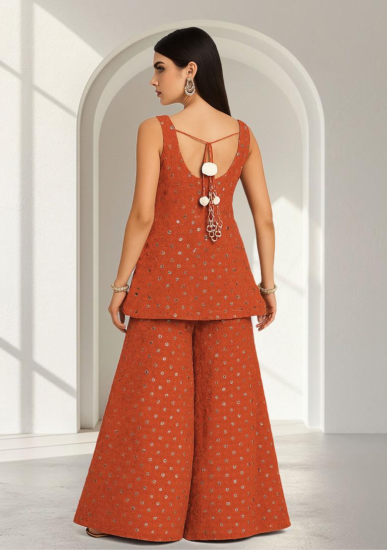 Orange Embroidered Georgette Kurta Set - Indya