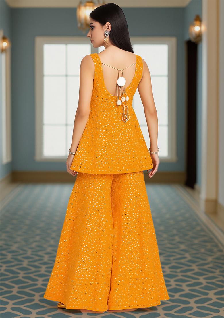 Yellow Embroidered Georgette Kurta Set - Indya