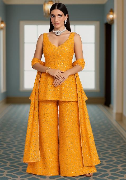 Yellow Embroidered Georgette Kurta Set