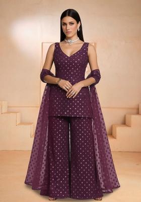 Brown Embroidered Georgette Kurta Set