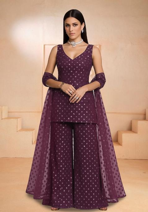 Brown Embroidered Georgette Kurta Set