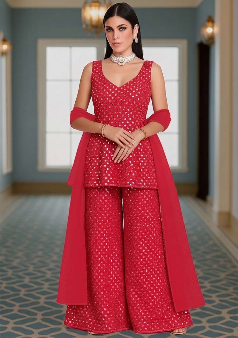 Pink Sequin Work Georgette Sharara Set - Indya