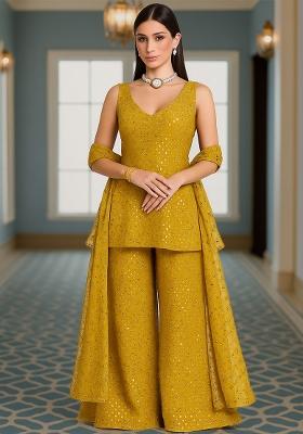 Mustard Embroidered Georgette Kurta Set