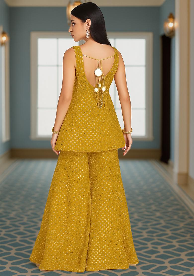 Mustard Embroidered Georgette Kurta Set - Indya
