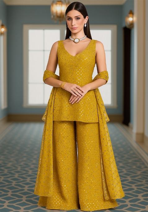 Mustard Embroidered Georgette Kurta Set