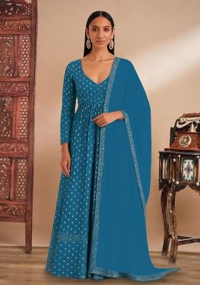 Teal Embroidered Georgette Anarkali Set