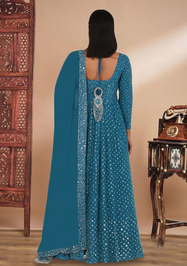 Teal Embroidered Georgette Anarkali Set - Indya