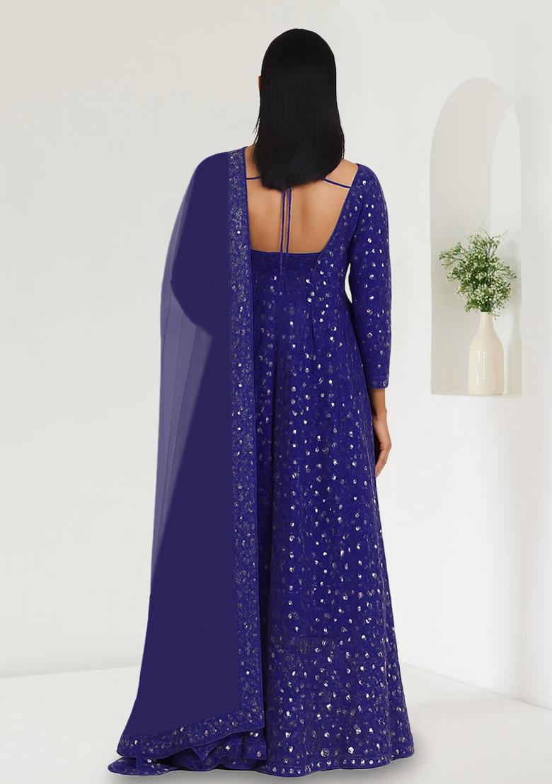 Blue Embroidered Georgette Anarkali Set