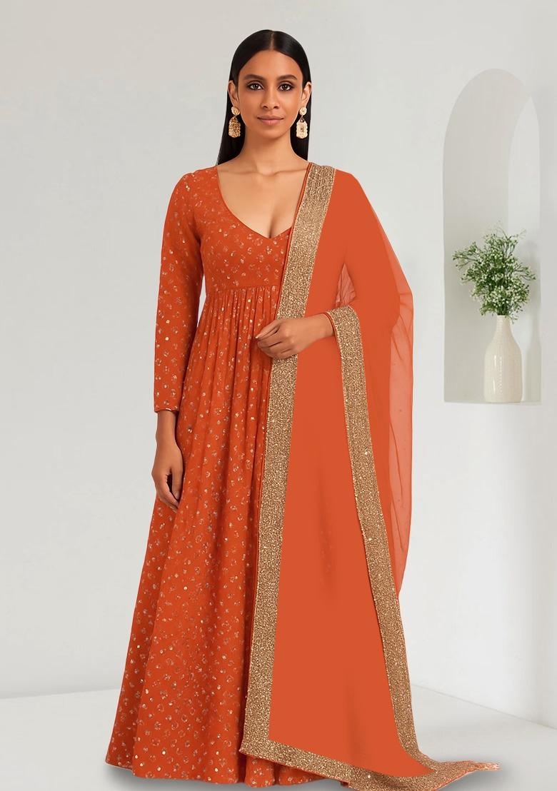 Orange Embroidered Georgette Anarkali Set - Indya