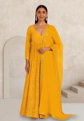 Yellow Embroidered Georgette Anarkali Set