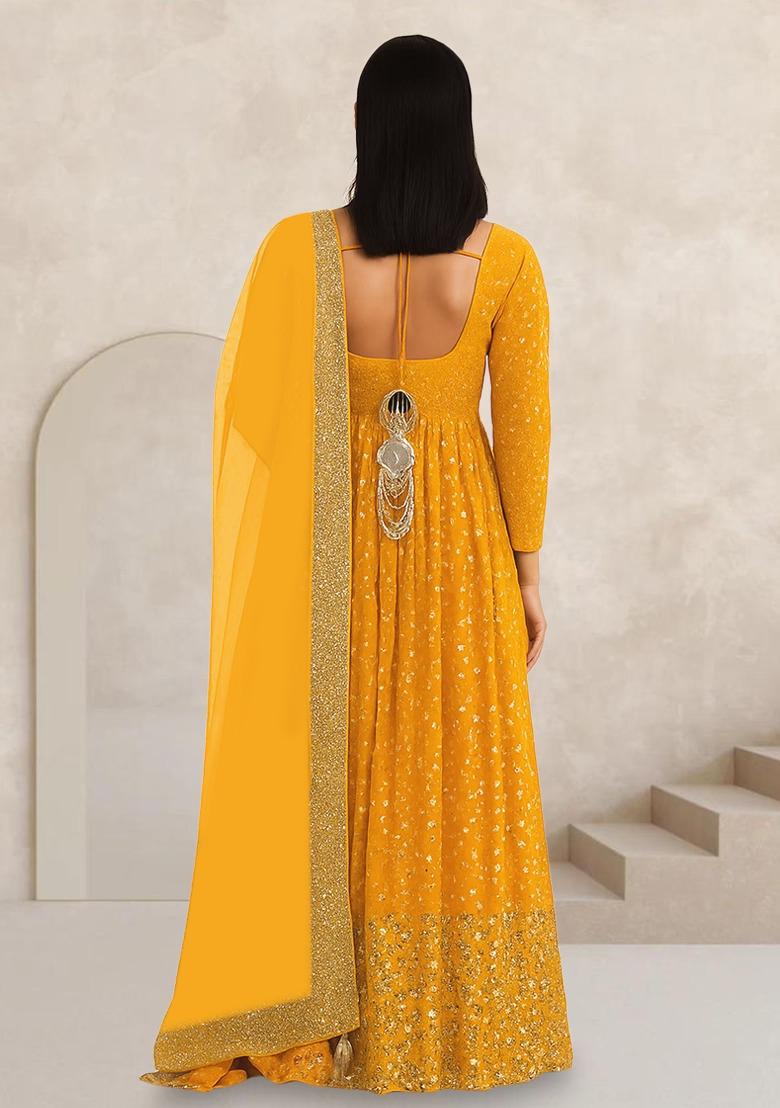 Yellow Embroidered Georgette Anarkali Set - Indya