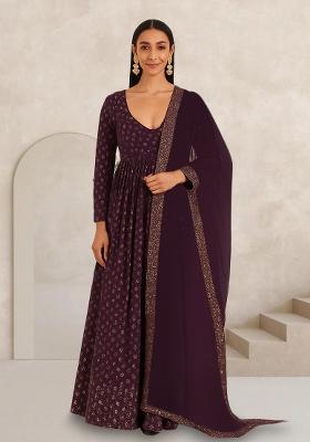 Brown Embroidered Georgette Anarkali Set