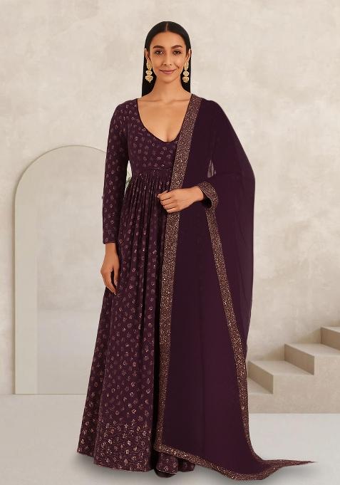 Brown Embroidered Georgette Anarkali Set