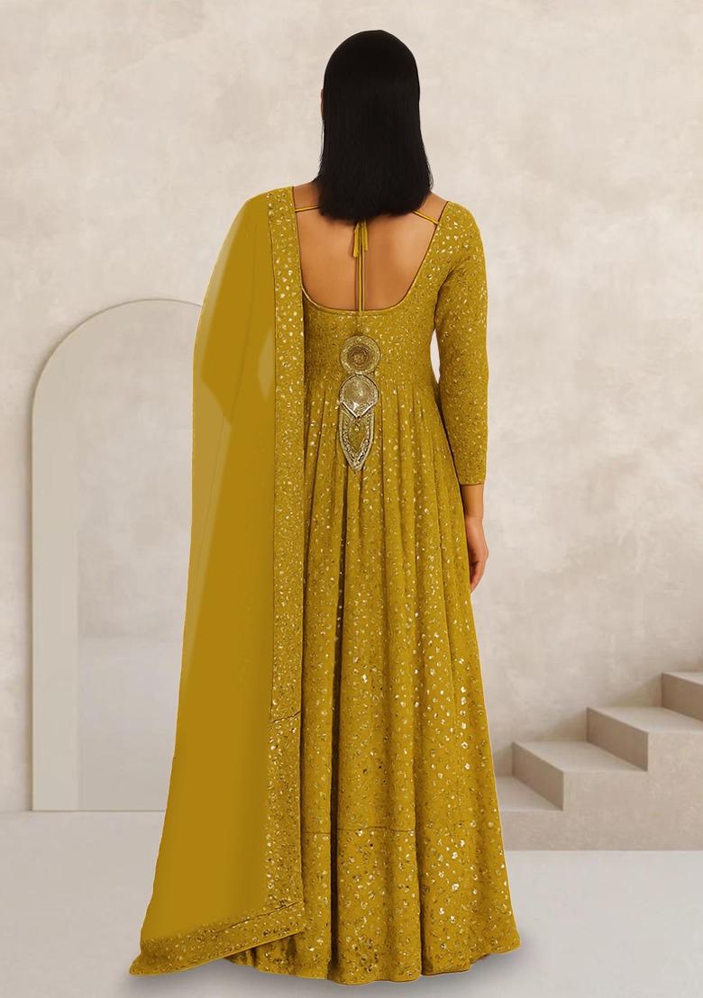 Mustard Embroidered Georgette Anarkali Set - Indya