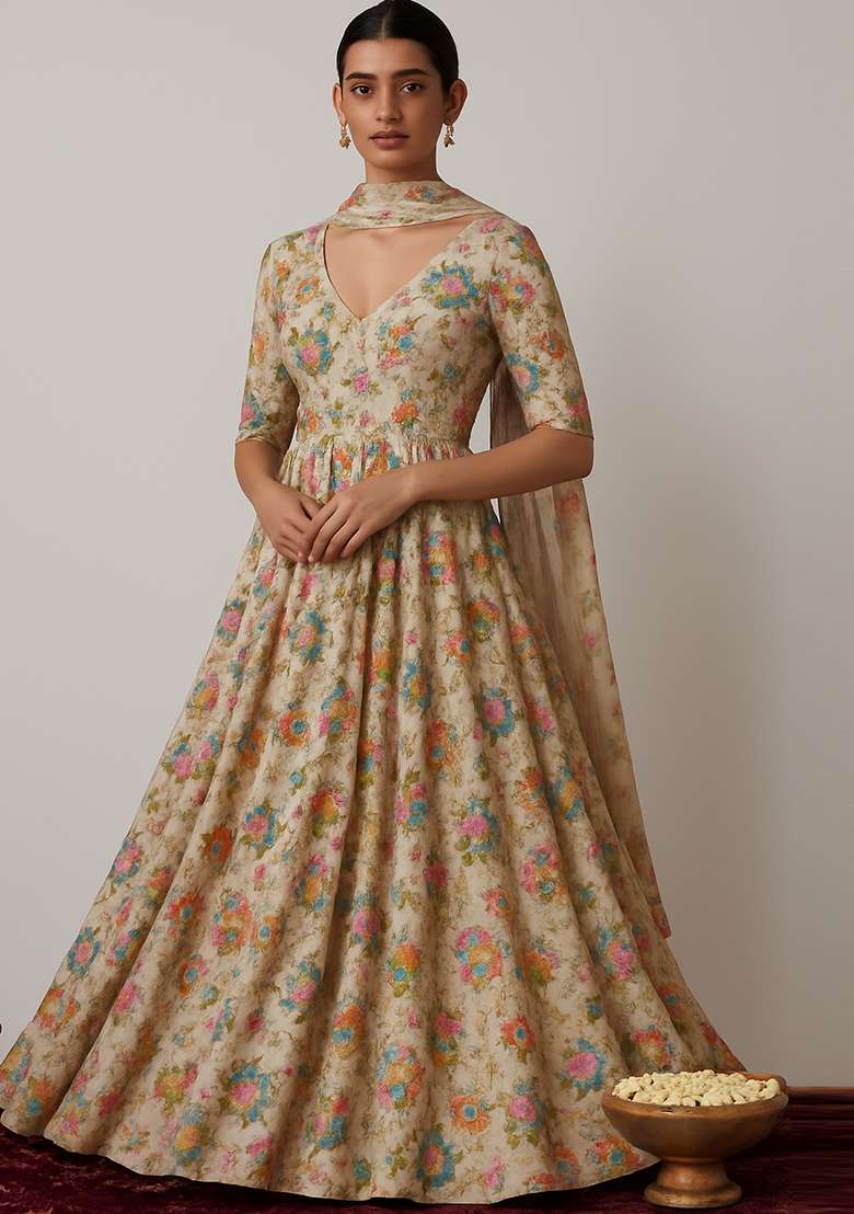 Beige Embroidered Organza Anarkali Set - Indya