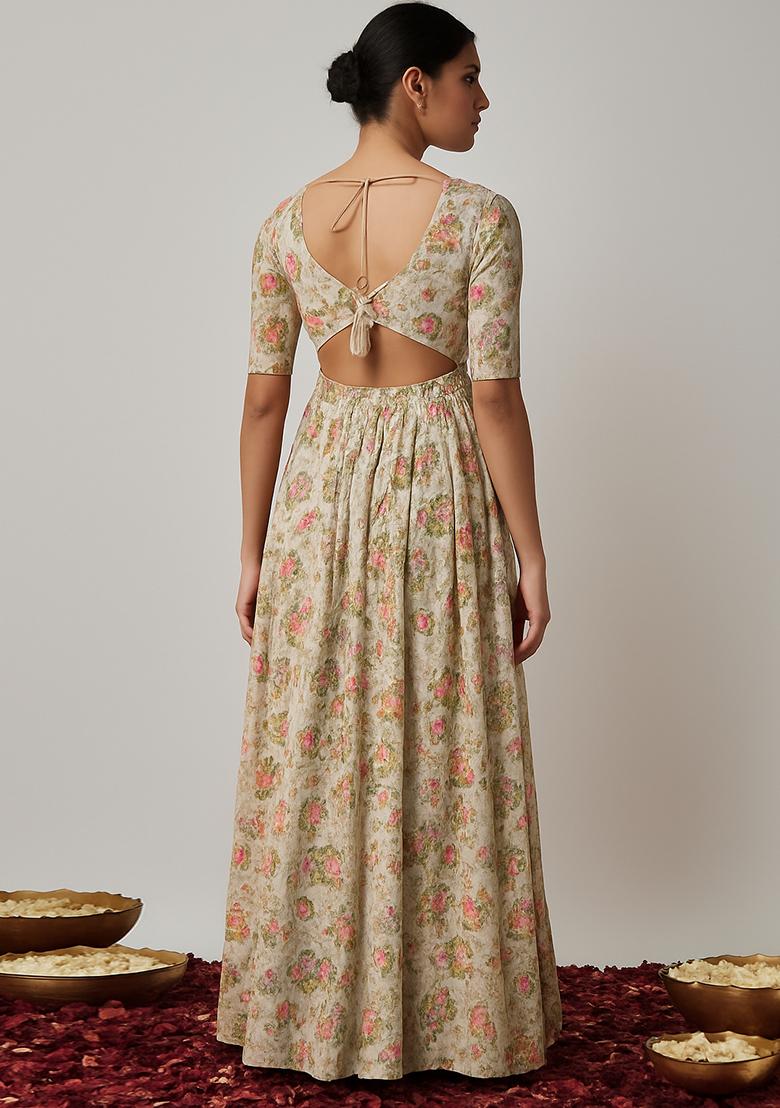 Beige Embroidered Organza Anarkali Set - Indya