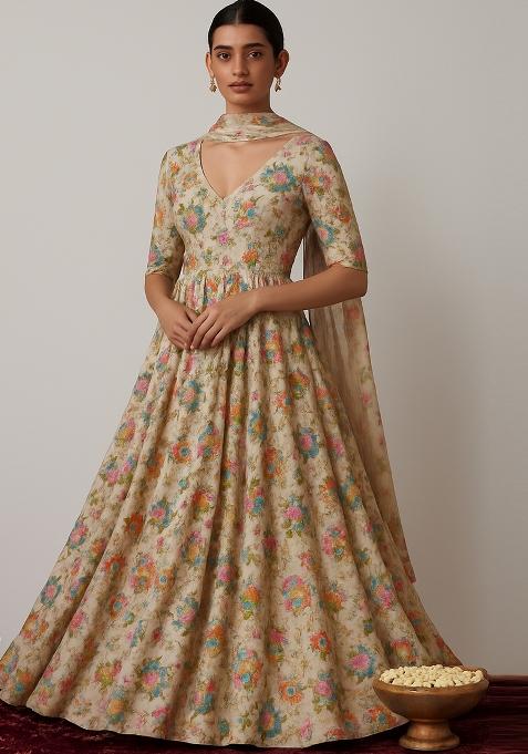 Beige Embroidered Organza Anarkali Set