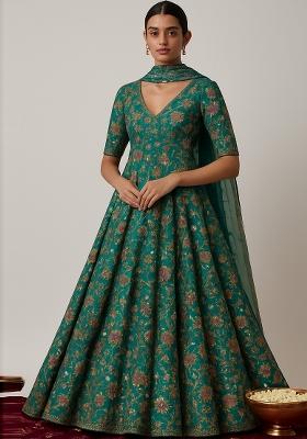 Green Embroidered Organza Anarkali Set
