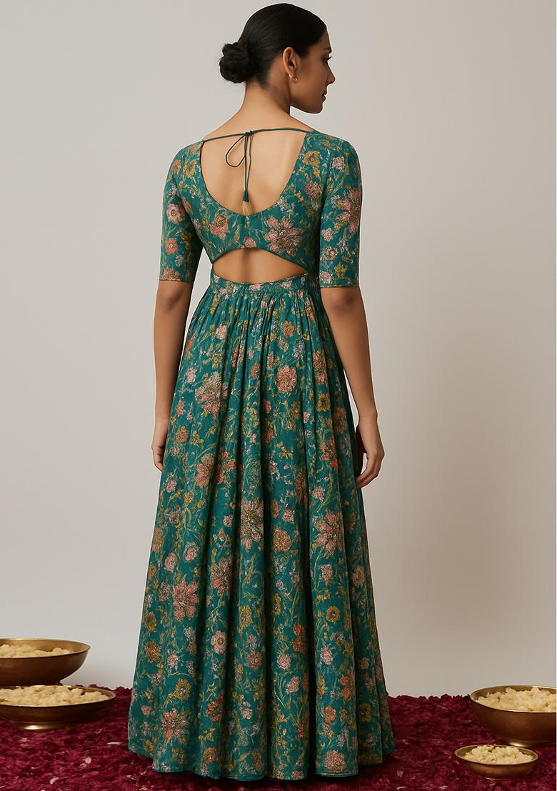 Green Embroidered Organza Anarkali Set - Indya