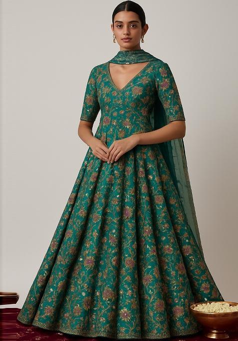 Green Embroidered Organza Anarkali Set