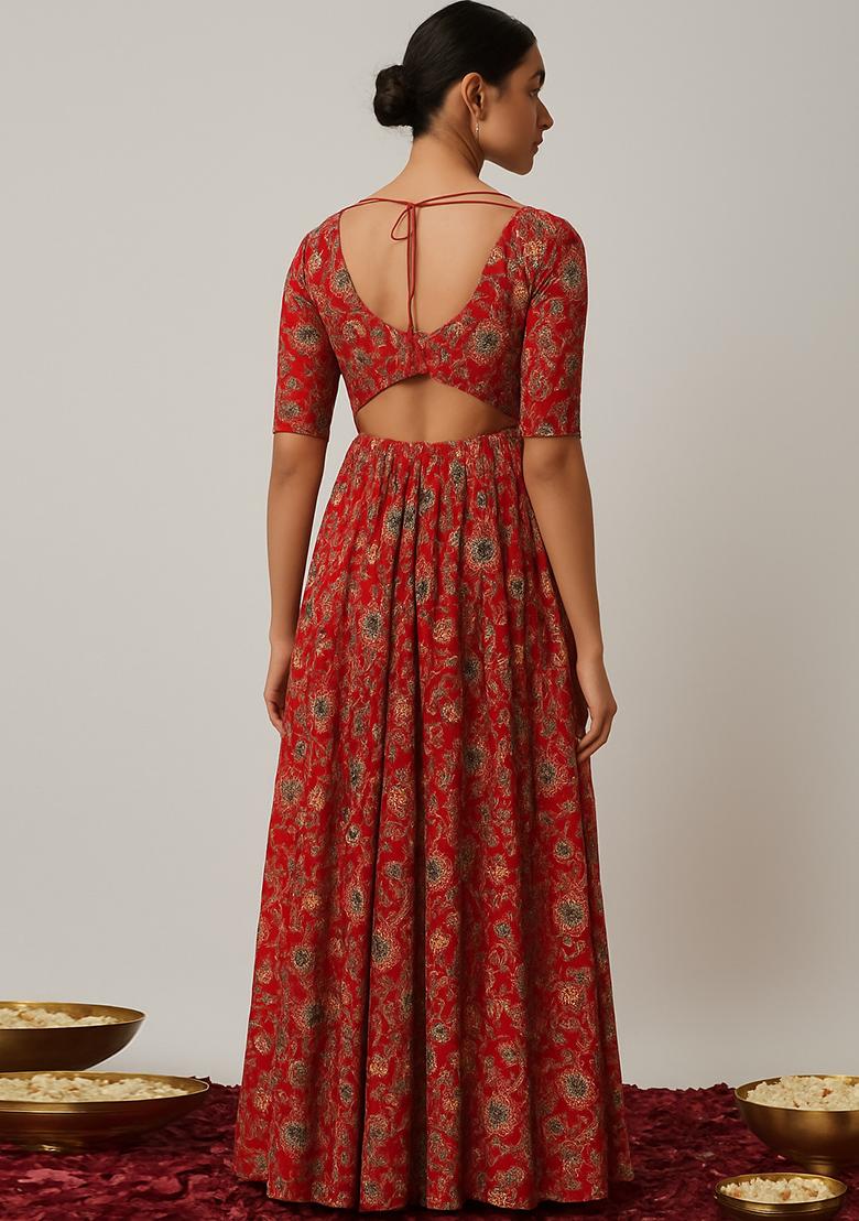 Orange Embroidered Organza Anarkali Set - Indya