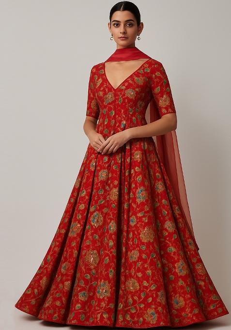 Orange Embroidered Organza Anarkali Set