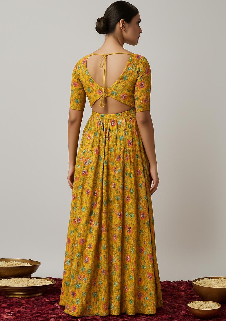 Yellow Embroidered Organza Anarkali Set - Indya