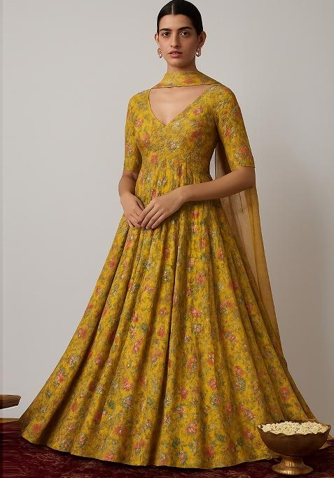 Yellow Embroidered Organza Anarkali Set