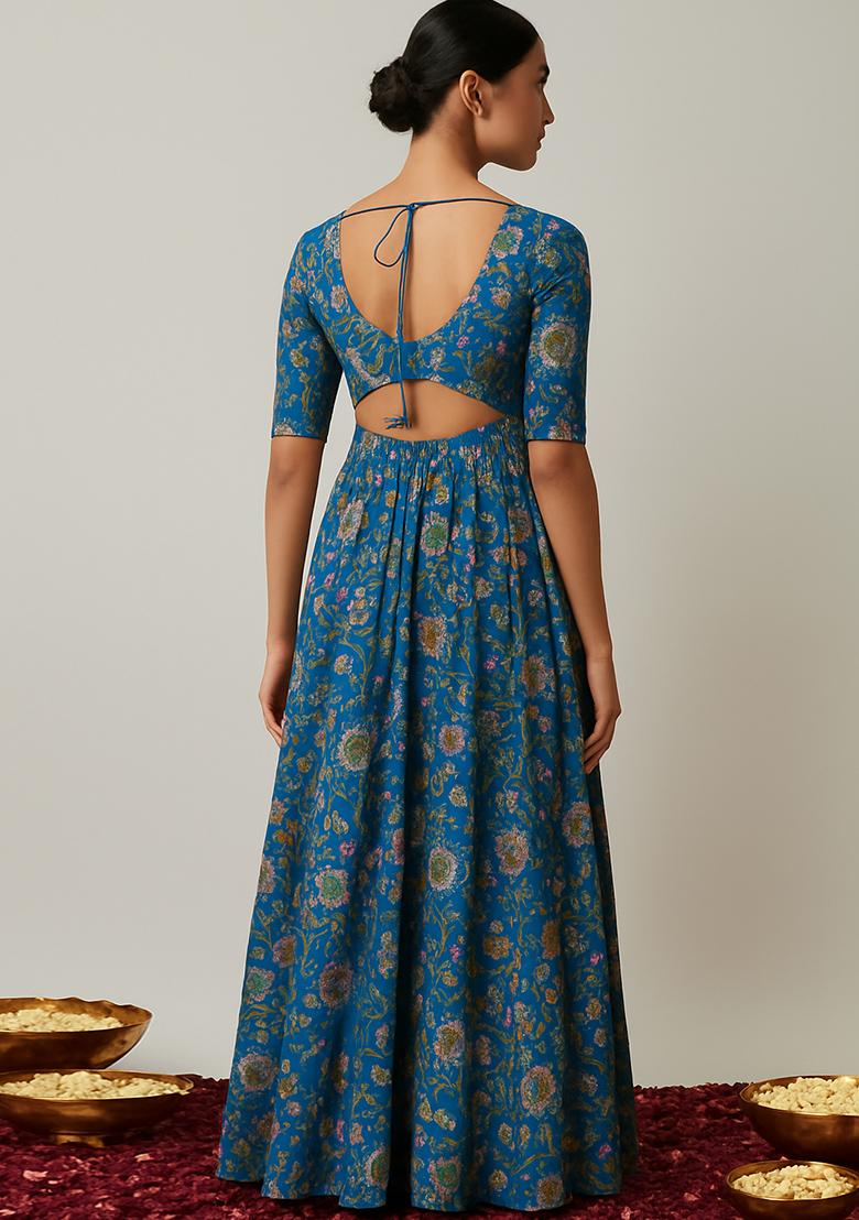 Blue Embroidered Organza Anarkali Set - Indya