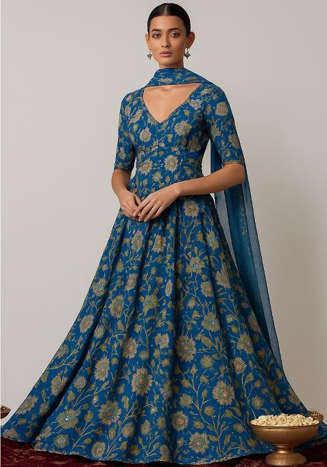 Blue Embroidered Organza Anarkali Set