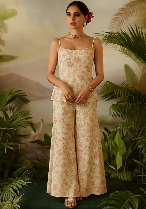 Beige Printed Chiffon Kurta Set