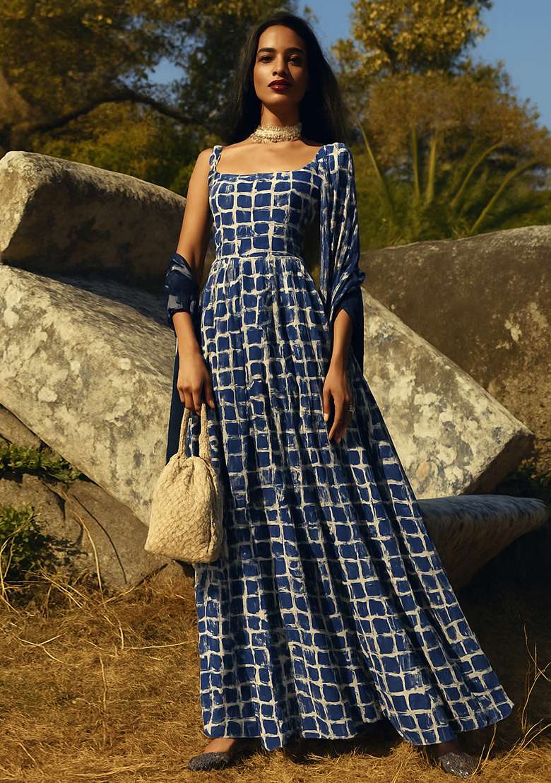 White Printed Chiffon Gown - Indya