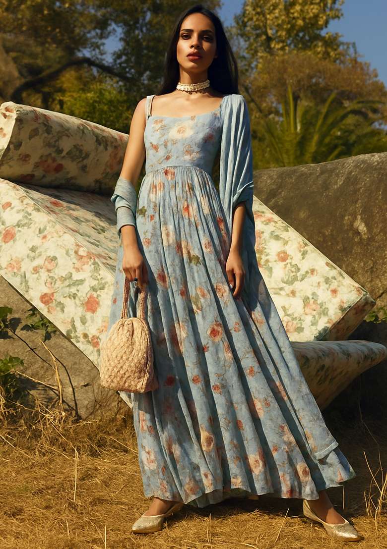 Blue Printed Chiffon Kurta Set - Indya