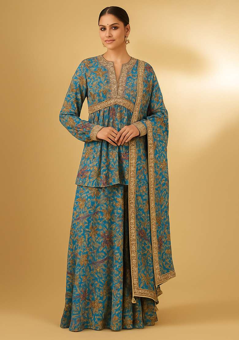 Powder Blue Printed Chiffon Sharara Set - Indya