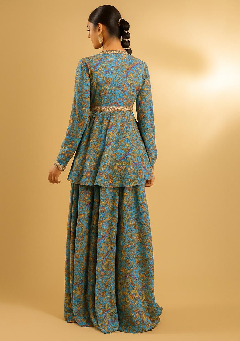 Powder Blue Printed Chiffon Sharara Set - Indya