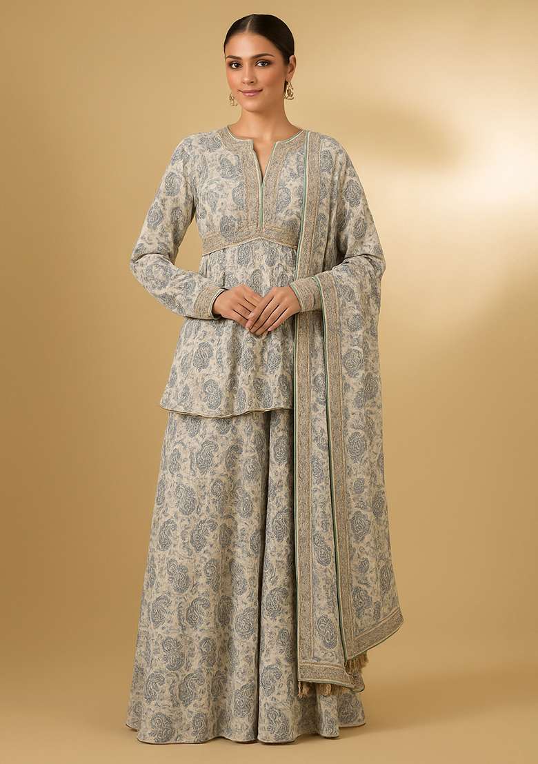 White Printed Chiffon Sharara Set - Indya